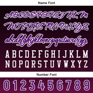 Camiseta de béisbol personalizada negra y morada con botones para hombre mujer adulto y joven con nombre número y logotipo impresos
