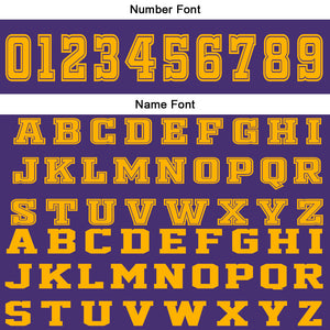 Uniforme de baloncesto personalizado en color morado y amarillo con tu logotipo-nombre y número impresos