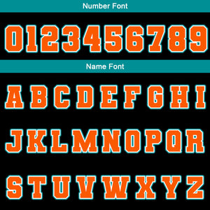 Chaquetas universitarias impermeables personalizadas en negro-verde azulado y naranja con nombre-número y logotipo bordados