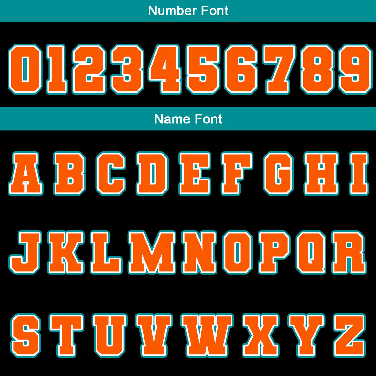 Chaquetas universitarias impermeables personalizadas en negro-verde azulado y naranja con nombre-número y logotipo bordados