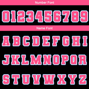 Chaquetas universitarias impermeables personalizadas en negro-rosa y azul claro con nombre-número y logotipo bordados