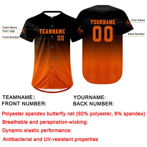 Camiseta de béisbol personalizada negra y naranja con degradado uniformes de equipo con nombre y número