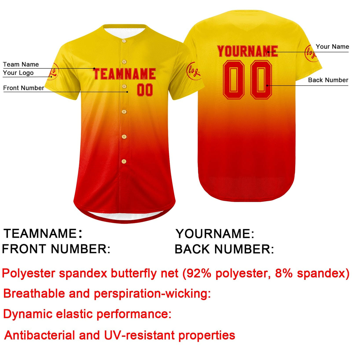 Camiseta de béisbol personalizada amarilla y roja con degradado uniformes de equipo personalizados con nombre y número