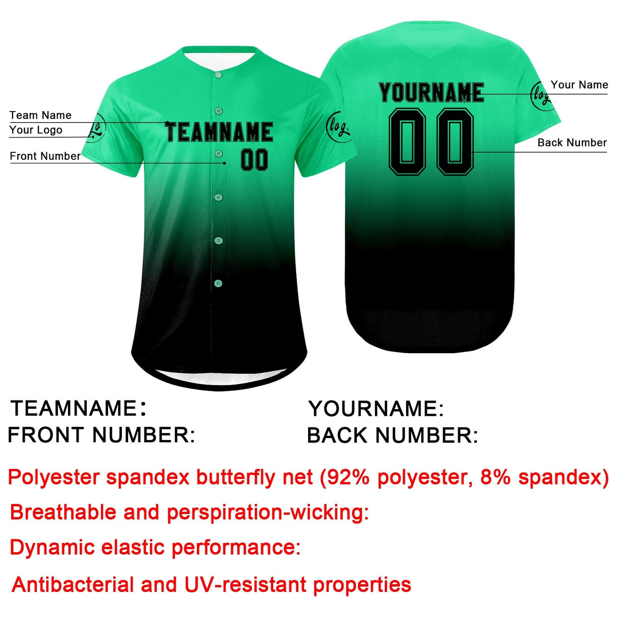 Camiseta de béisbol personalizada verde y negra con degradado uniformes de equipo con nombre y número