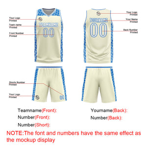 Uniforme de baloncesto personalizado color crema azul con tu logotipo-nombre y número impresos