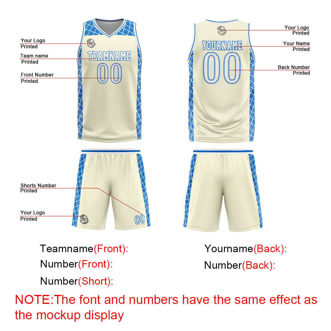Uniforme de baloncesto personalizado color crema azul con tu logotipo-nombre y número impresos