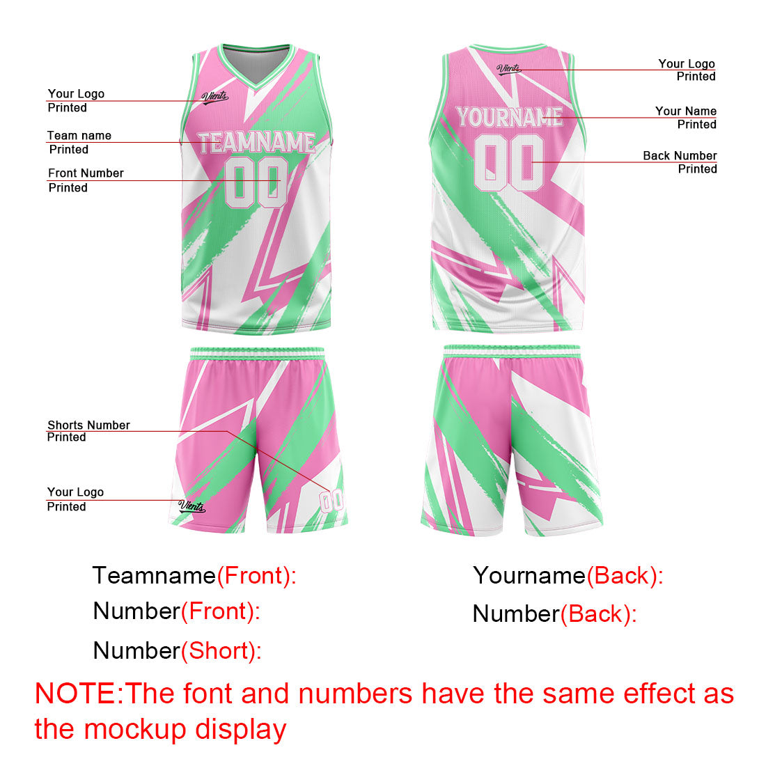 Uniforme de baloncesto rosa y verde personalizado con tu logotipo-nombre y número impresos