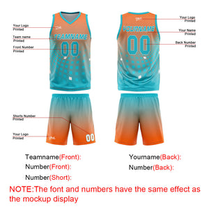 Uniforme de baloncesto personalizado en naranja y cian con tu logotipo-nombre y número impresos