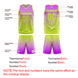 Uniforme de baloncesto personalizado de color morado claro y verde con tu logotipo-nombre y número impresos