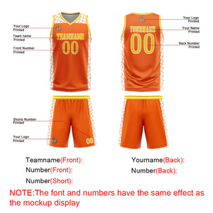 Uniforme de baloncesto personalizado de color naranja y amarillo con tu logotipo-nombre y número impresos