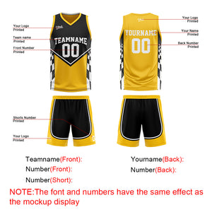 Traje de baloncesto reversible negro y amarillo personalizado para adultos y niños