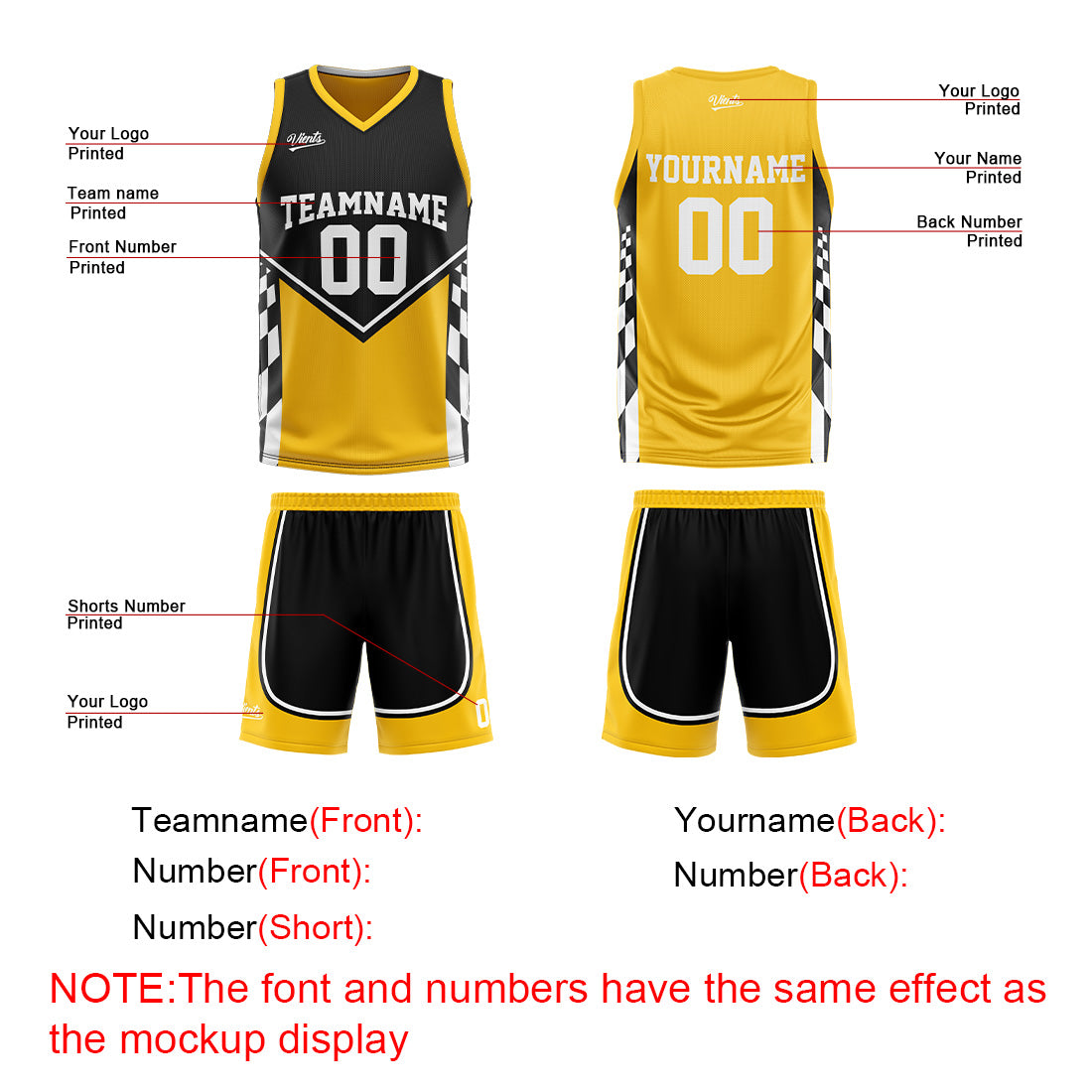 Traje de baloncesto reversible negro y amarillo personalizado para adultos y niños