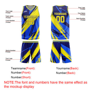 Uniforme de baloncesto personalizado azul y amarillo con tu logotipo-nombre y número impresos