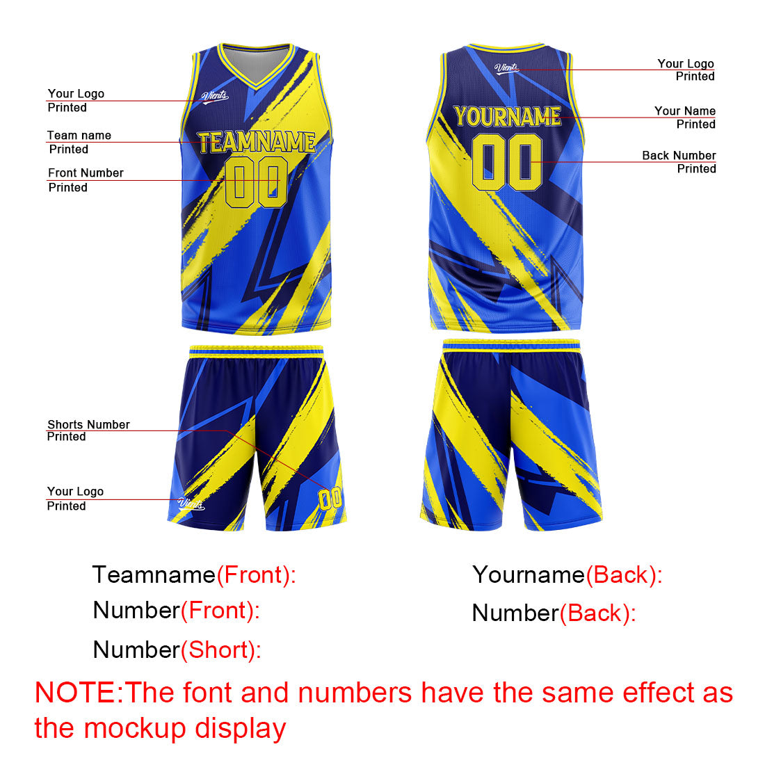 Uniforme de baloncesto personalizado azul y amarillo con tu logotipo-nombre y número impresos