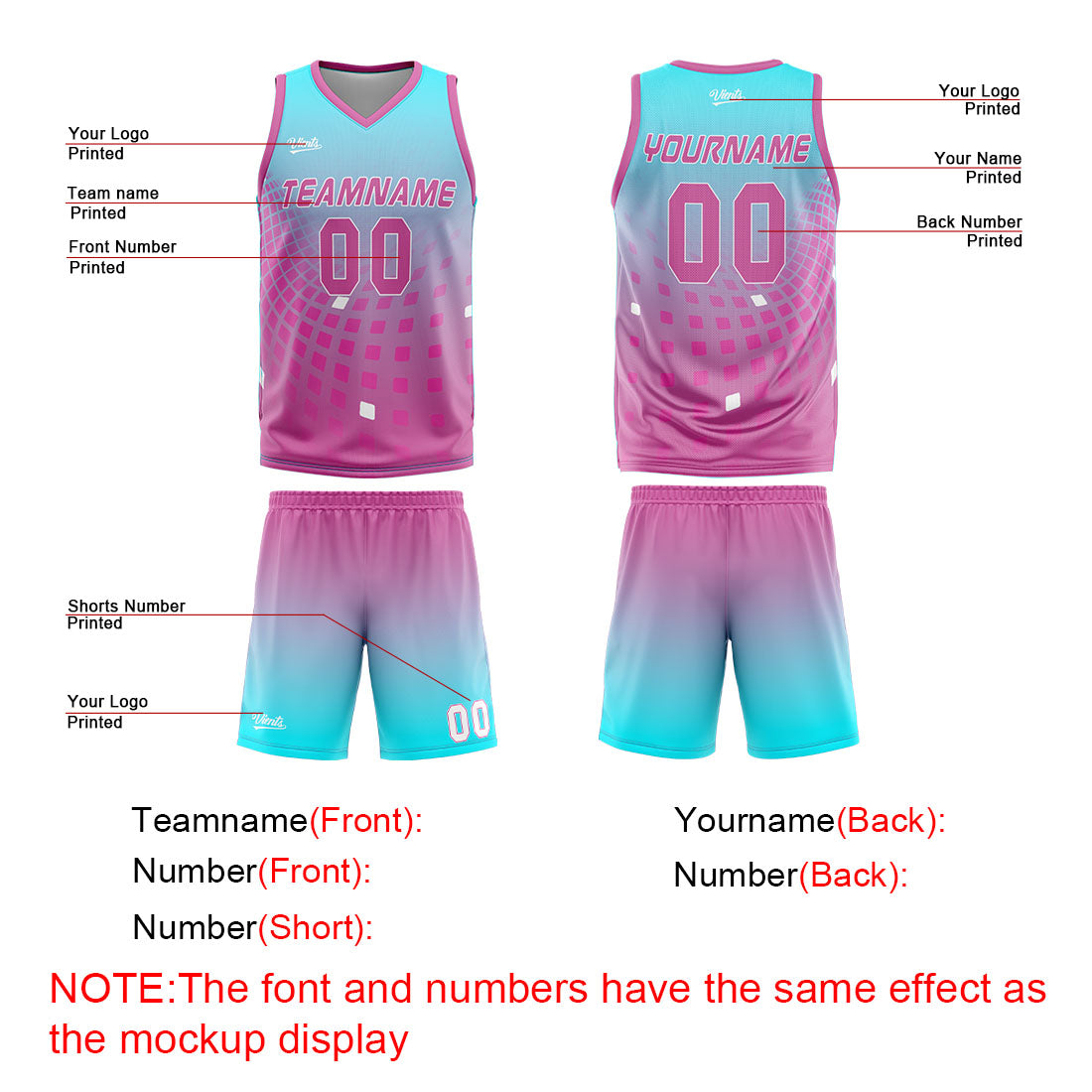 Uniforme de baloncesto personalizado azul claro y rosa con tu logotipo-nombre y número impresos