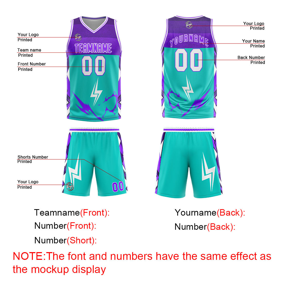 Uniforme de baloncesto personalizado color púrpura cian con tu logotipo-nombre y número impresos