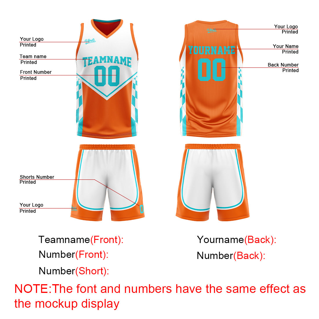 Traje de baloncesto reversible naranja y cian personalizado para adultos y niños