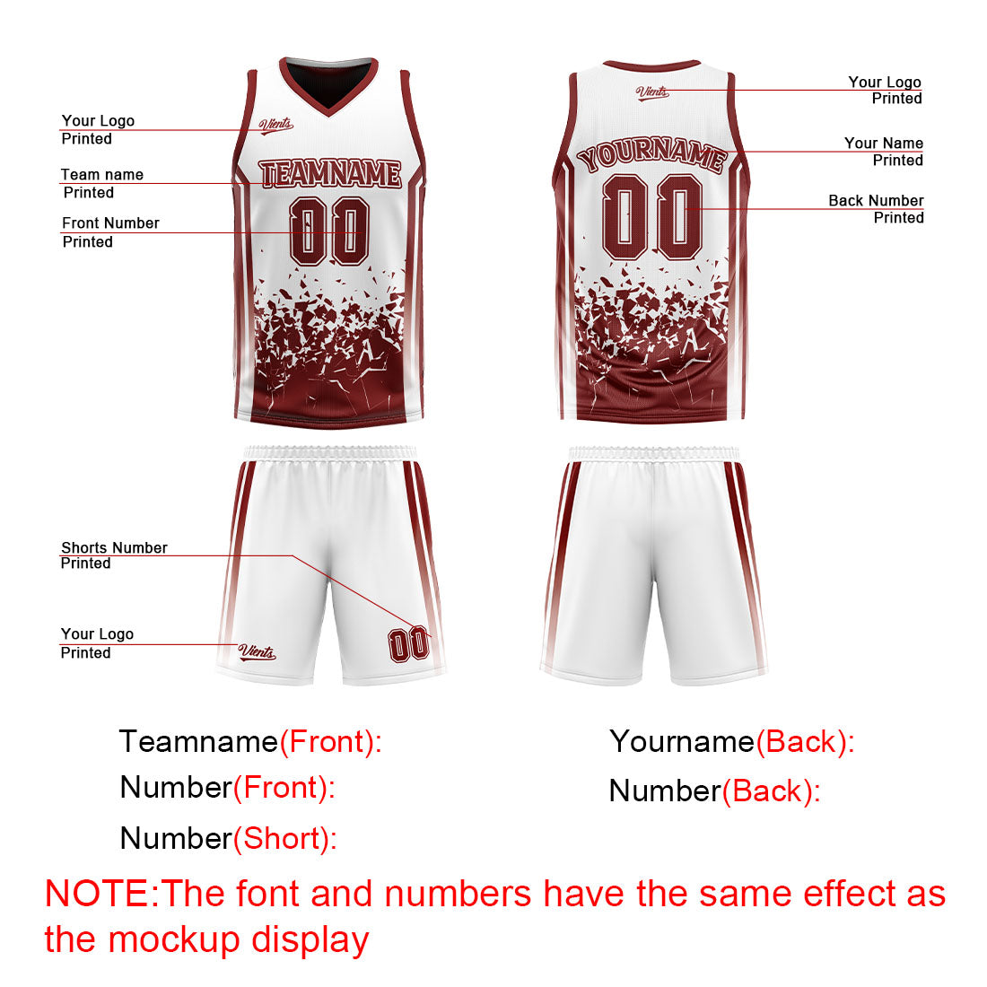 Traje de baloncesto reversible personalizado en color burdeos y blanco para adultos y niños