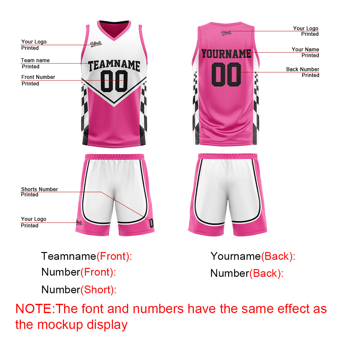Traje de baloncesto reversible negro y rosa personalizado para adultos y niños