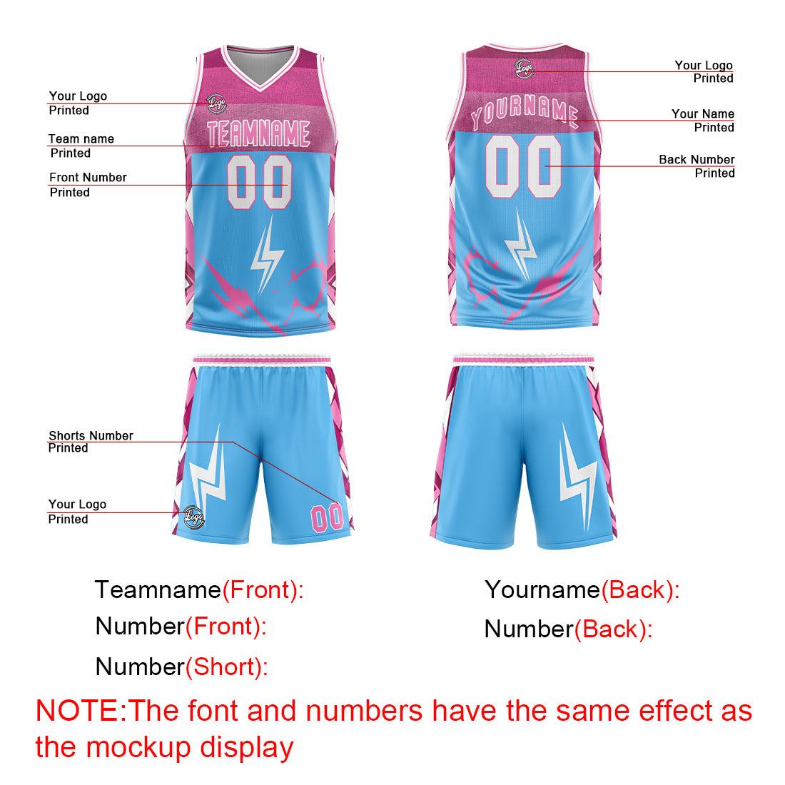 Uniforme de baloncesto personalizado azul y rosa con tu logotipo-nombre y número impresos