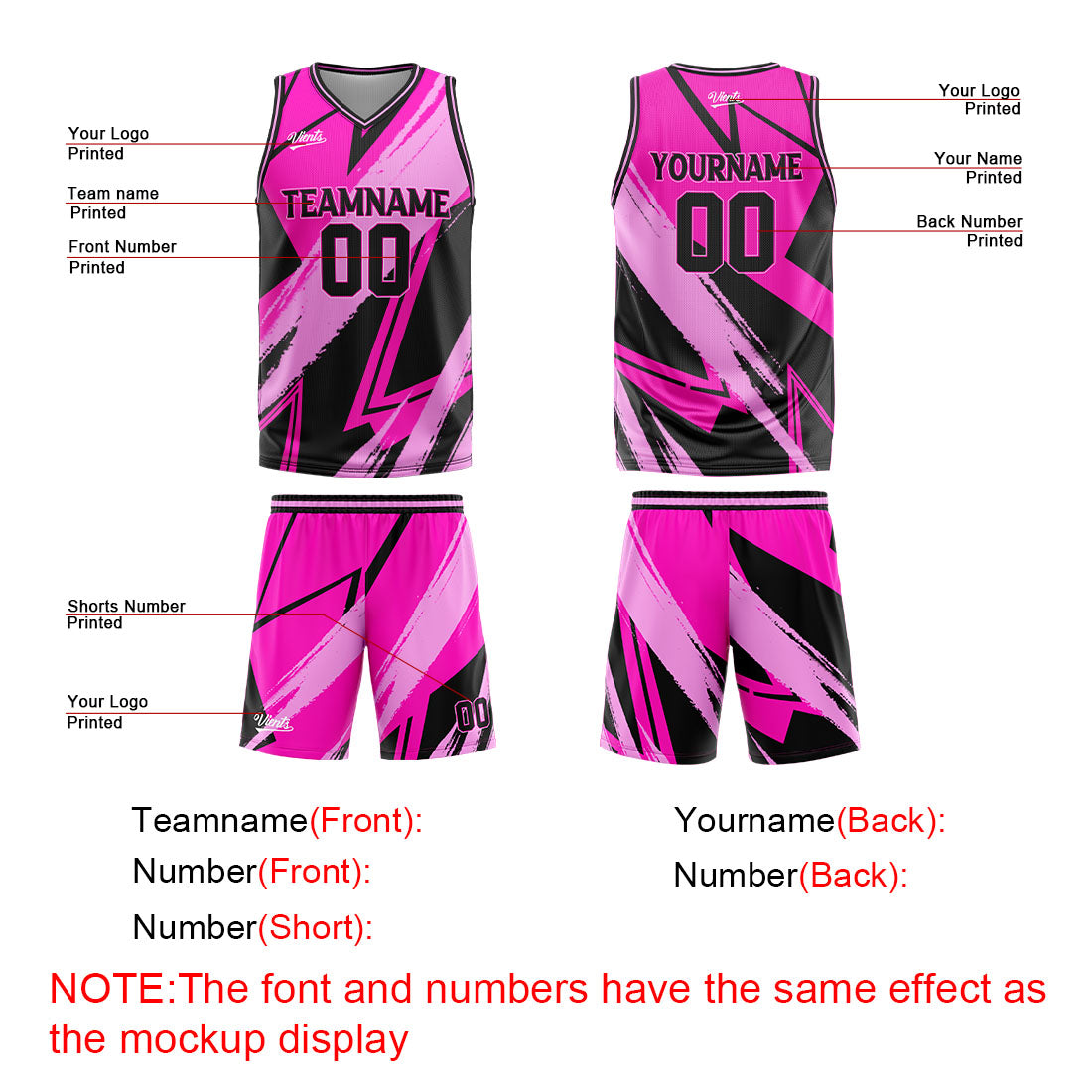 Uniforme de baloncesto rosa y negro personalizado con tu logotipo-nombre y número impresos