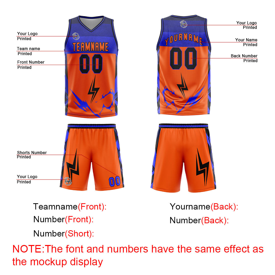 Uniforme de baloncesto personalizado naranja y azul con tu logotipo-nombre y número impresos