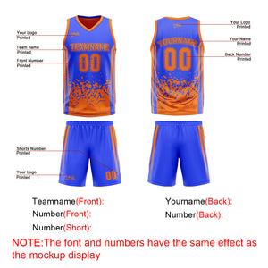 Traje de baloncesto reversible azul y naranja personalizado para adultos y niños