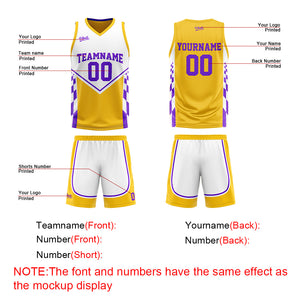 Traje de baloncesto reversible amarillo y morado personalizado para adultos y niños