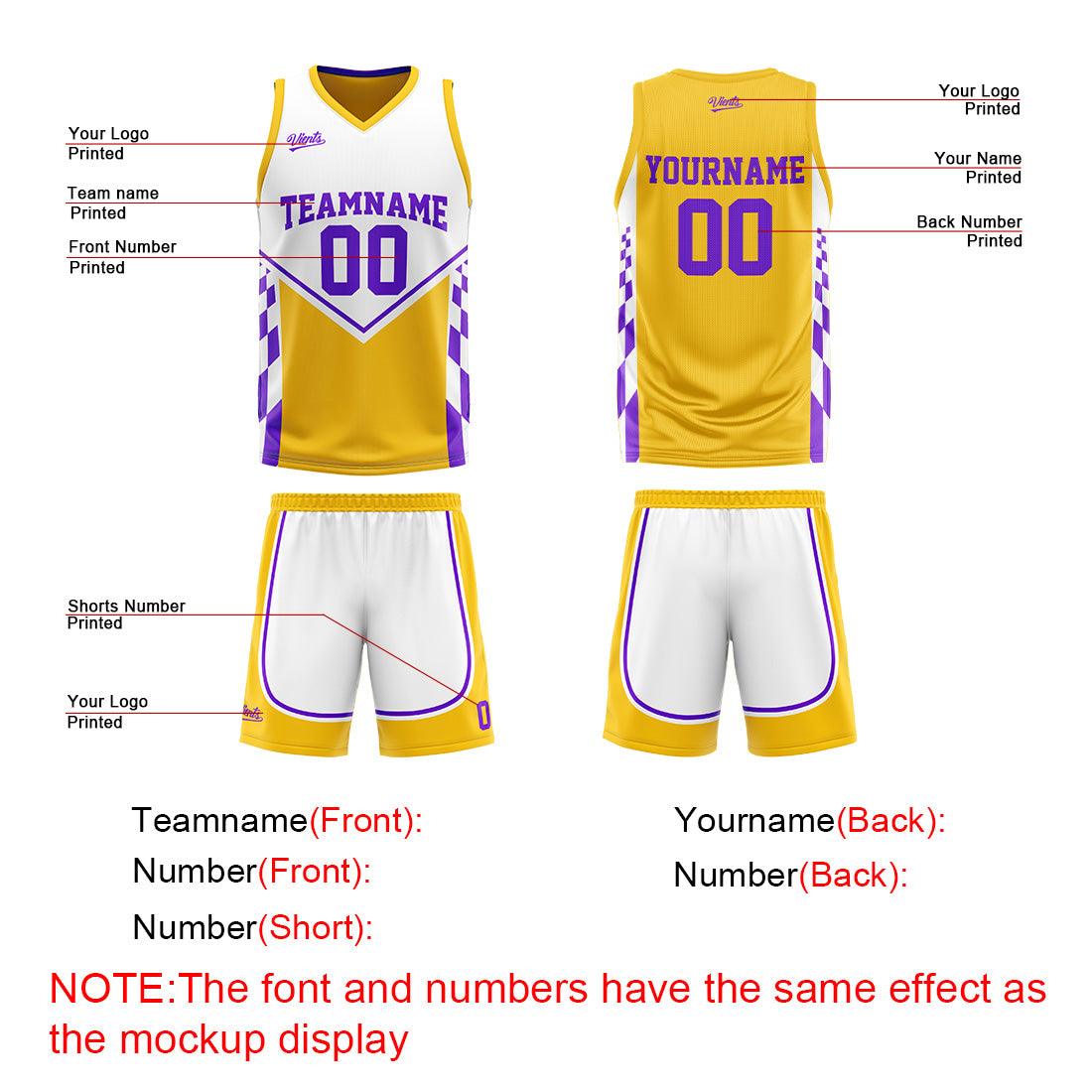 Traje de baloncesto reversible amarillo y morado personalizado para adultos y niños