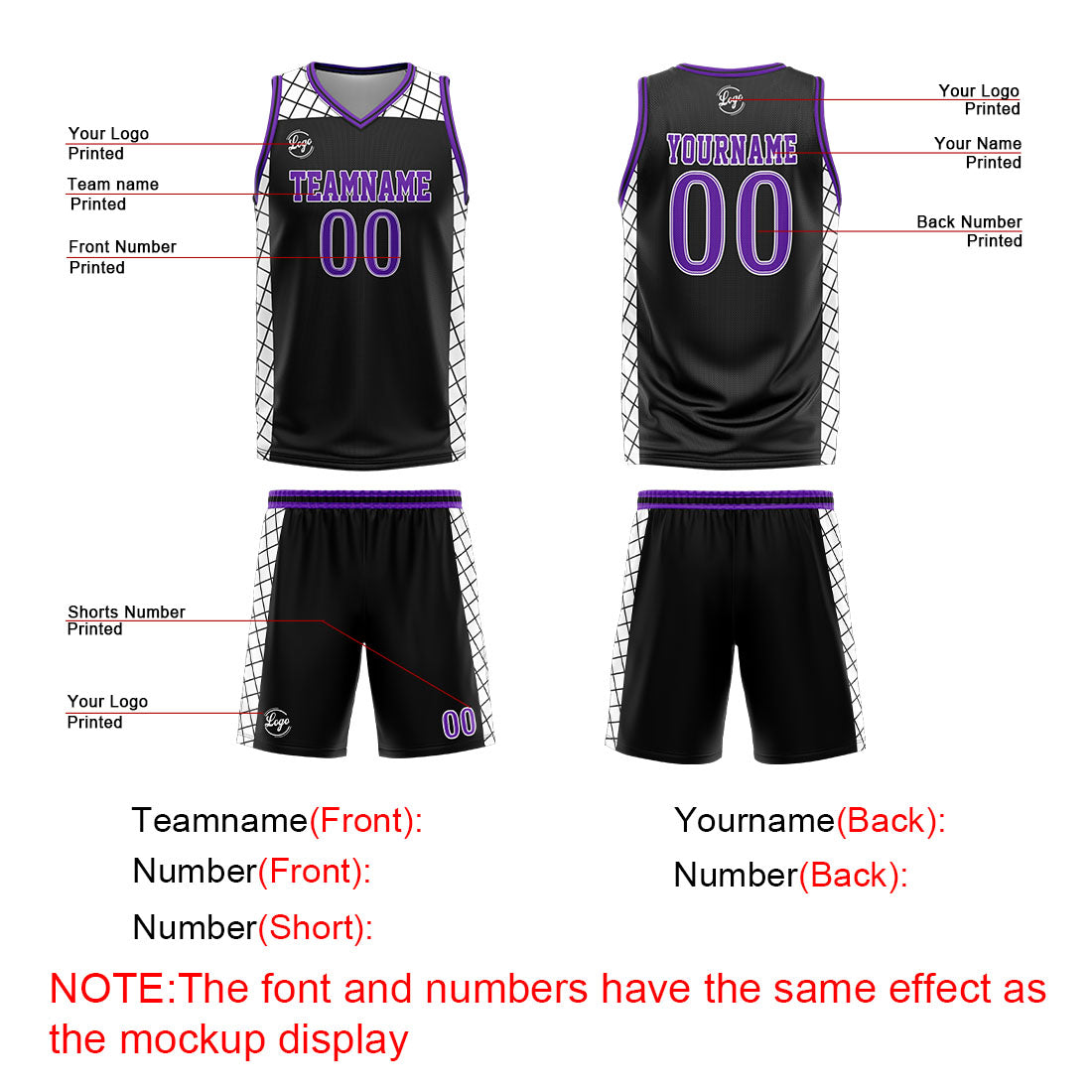Uniforme de baloncesto personalizado en negro y morado con tu logotipo-nombre y número impresos