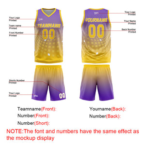 Uniforme de baloncesto personalizado en color morado y amarillo con tu logotipo-nombre y número impresos