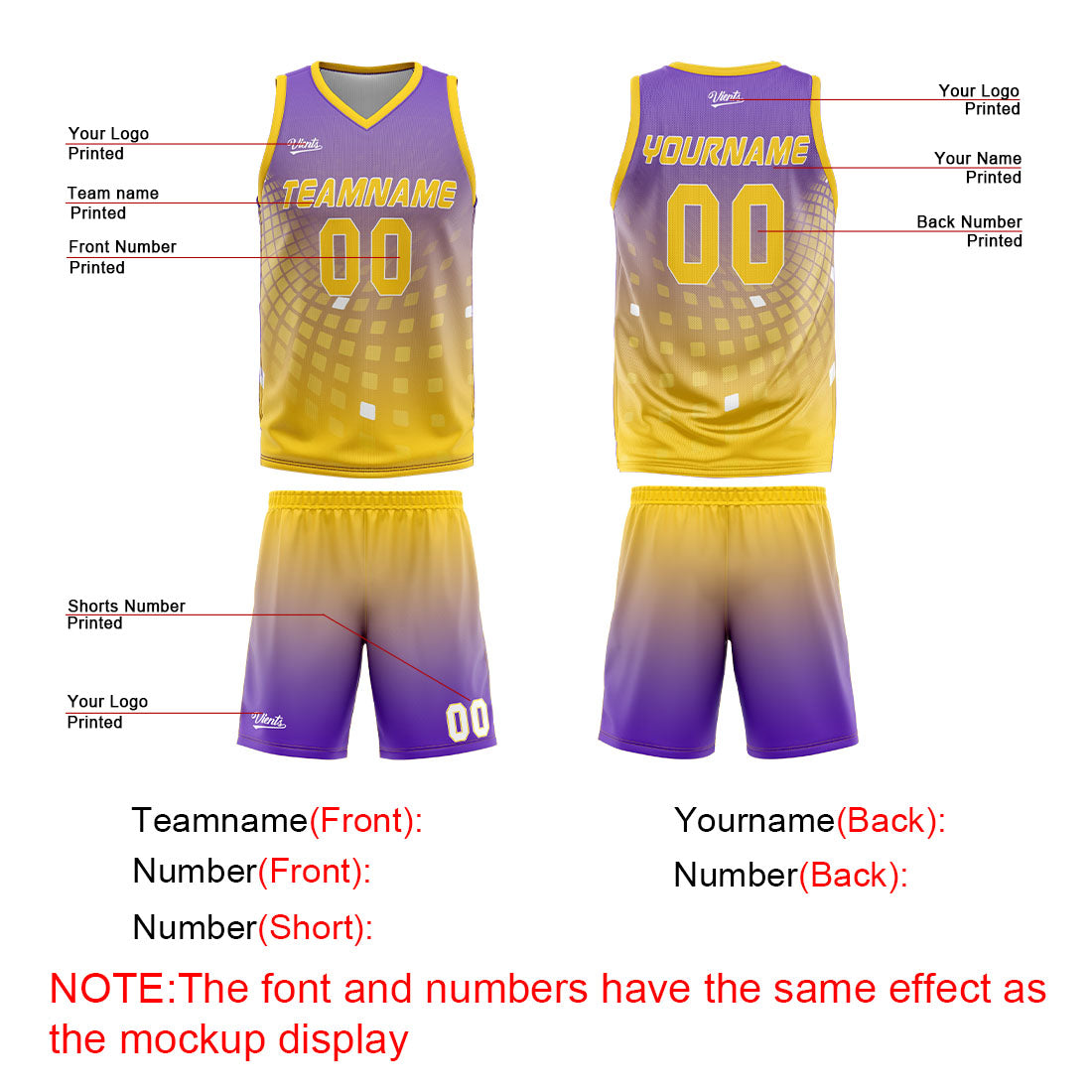 Uniforme de baloncesto personalizado en color morado y amarillo con tu logotipo-nombre y número impresos