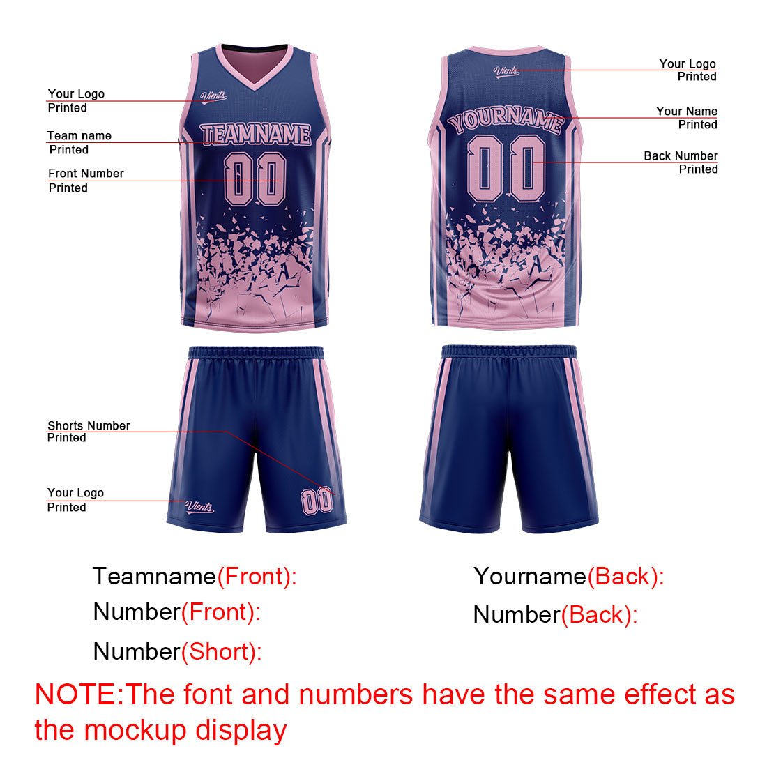 Traje de baloncesto reversible azul marino y rosa personalizado para adultos y niños