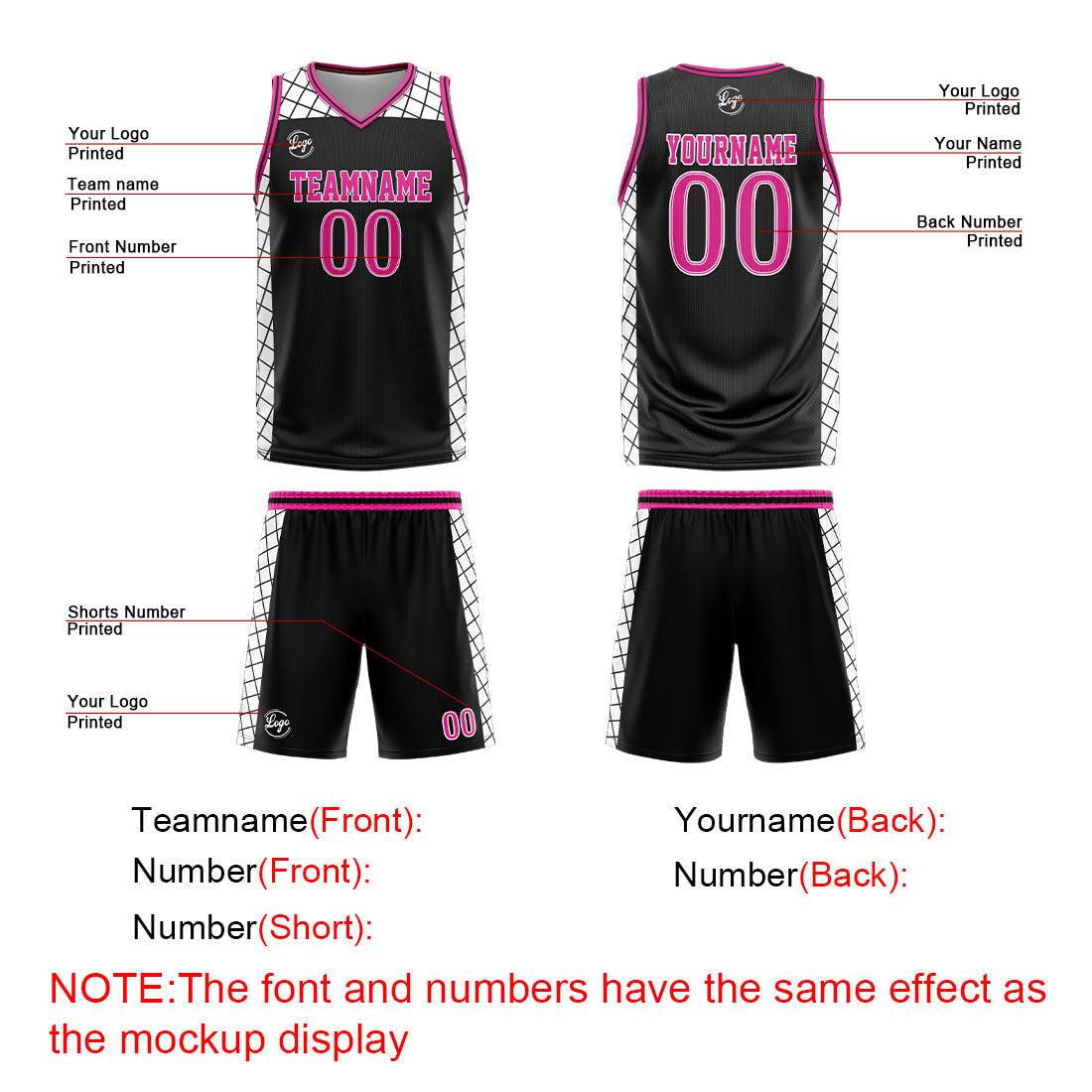 Uniforme de baloncesto personalizado en negro y rosa con tu logotipo-nombre y número impresos