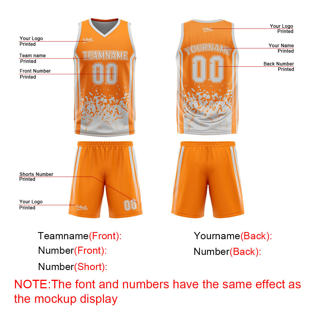 Traje de baloncesto reversible personalizado naranja y gris para adultos y niños