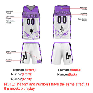 Uniforme de baloncesto personalizado blanco y morado con tu logotipo-nombre y número impresos