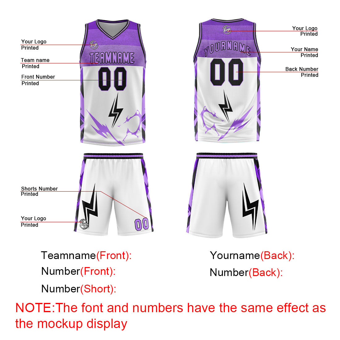 Uniforme de baloncesto personalizado blanco y morado con tu logotipo-nombre y número impresos