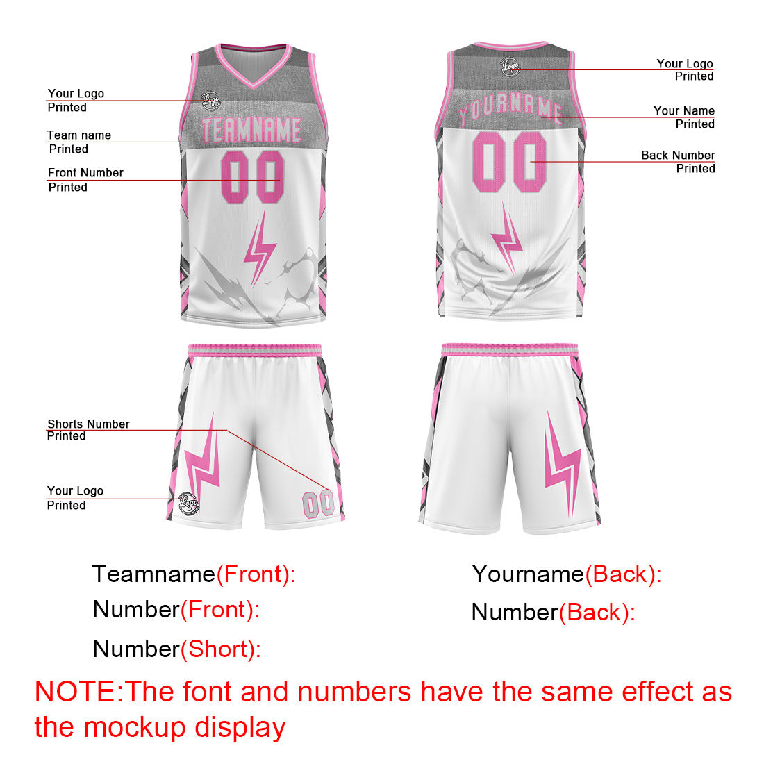 Uniforme de baloncesto personalizado en blanco-gris y rosa con tu logotipo-nombre y número impresos