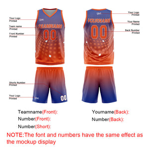 Uniforme de baloncesto personalizado azul y naranja con tu logotipo-nombre y número impresos