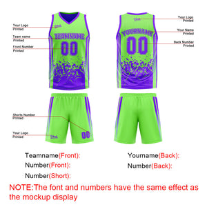 Traje de baloncesto reversible verde y morado personalizado para adultos y niños