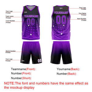 Uniforme de baloncesto personalizado en negro y morado con tu logotipo-nombre y número impresos