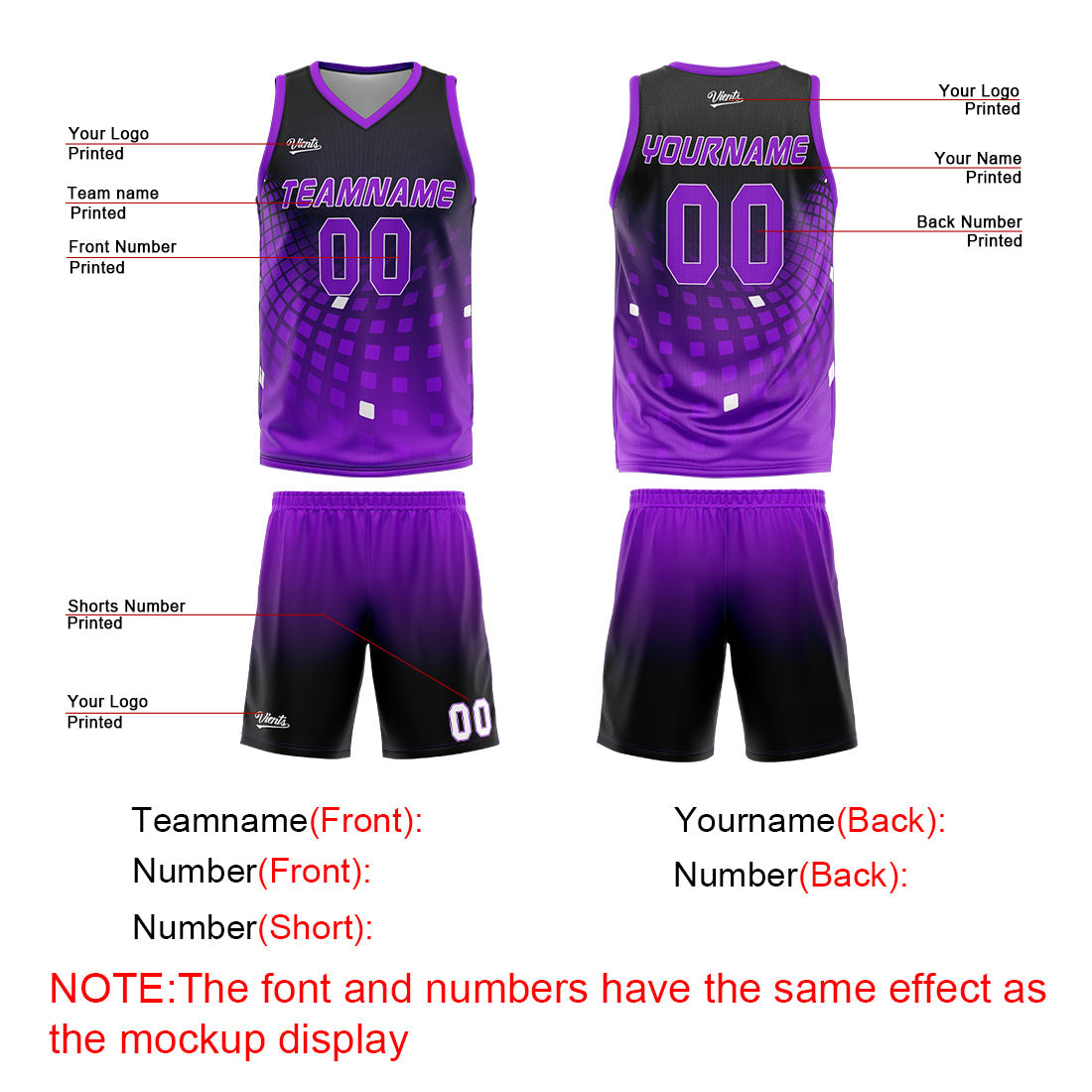 Uniforme de baloncesto personalizado en negro y morado con tu logotipo-nombre y número impresos