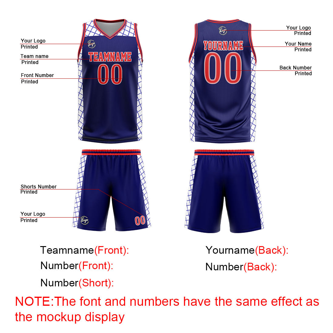 Uniforme de baloncesto personalizado azul marino y rojo con tu logotipo-nombre y número impresos