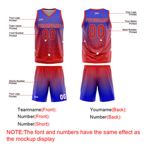 Uniforme de baloncesto personalizado azul y rojo con tu logotipo-nombre y número impresos