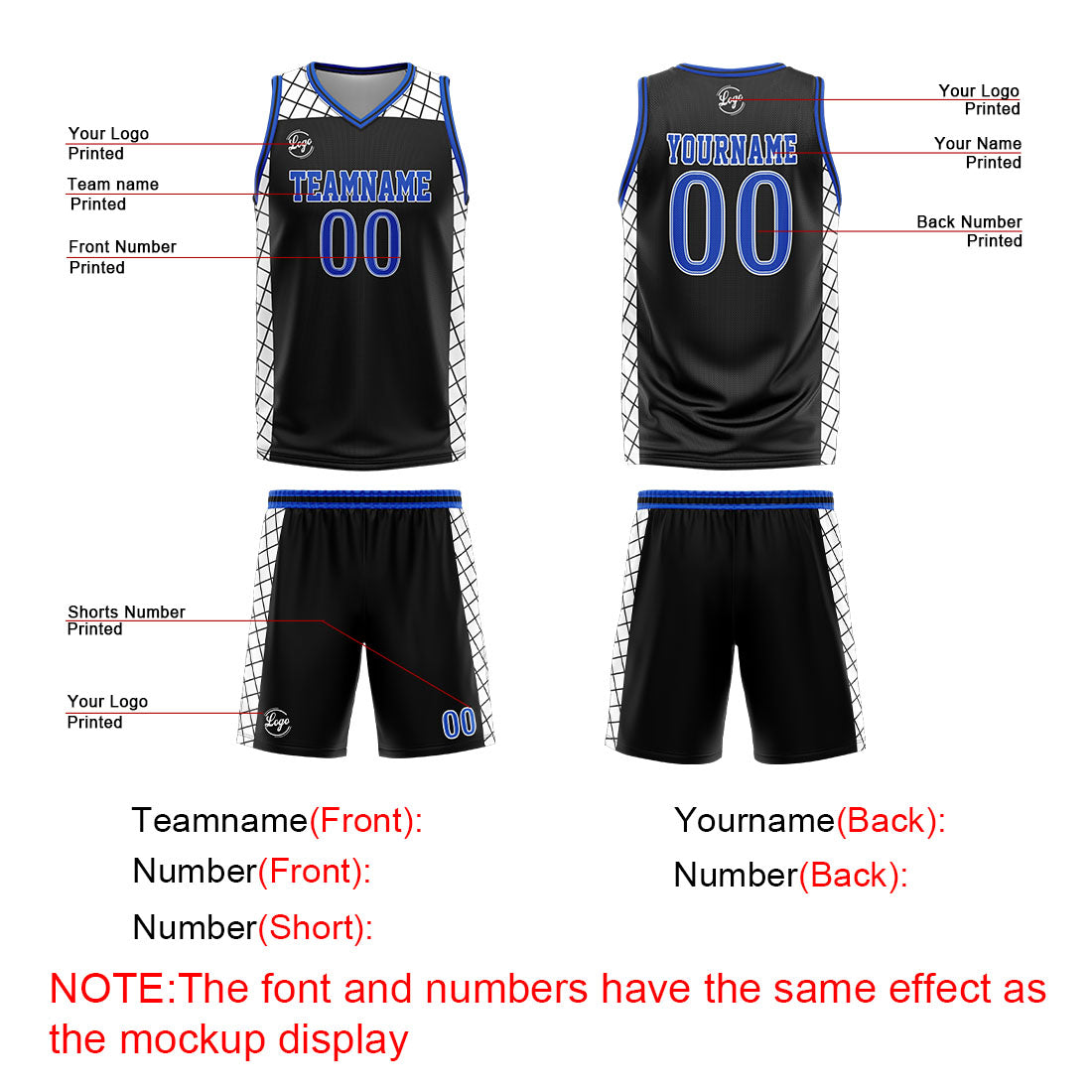 Uniforme de baloncesto personalizado en negro y azul con tu logotipo-nombre y número impresos
