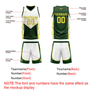 Traje de baloncesto reversible personalizado en verde y amarillo apagado para adultos y niños