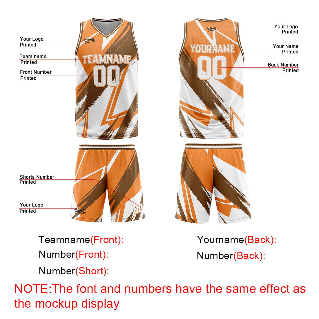 Uniforme de baloncesto personalizado de color naranja y marrón con tu logotipo-nombre y número impresos