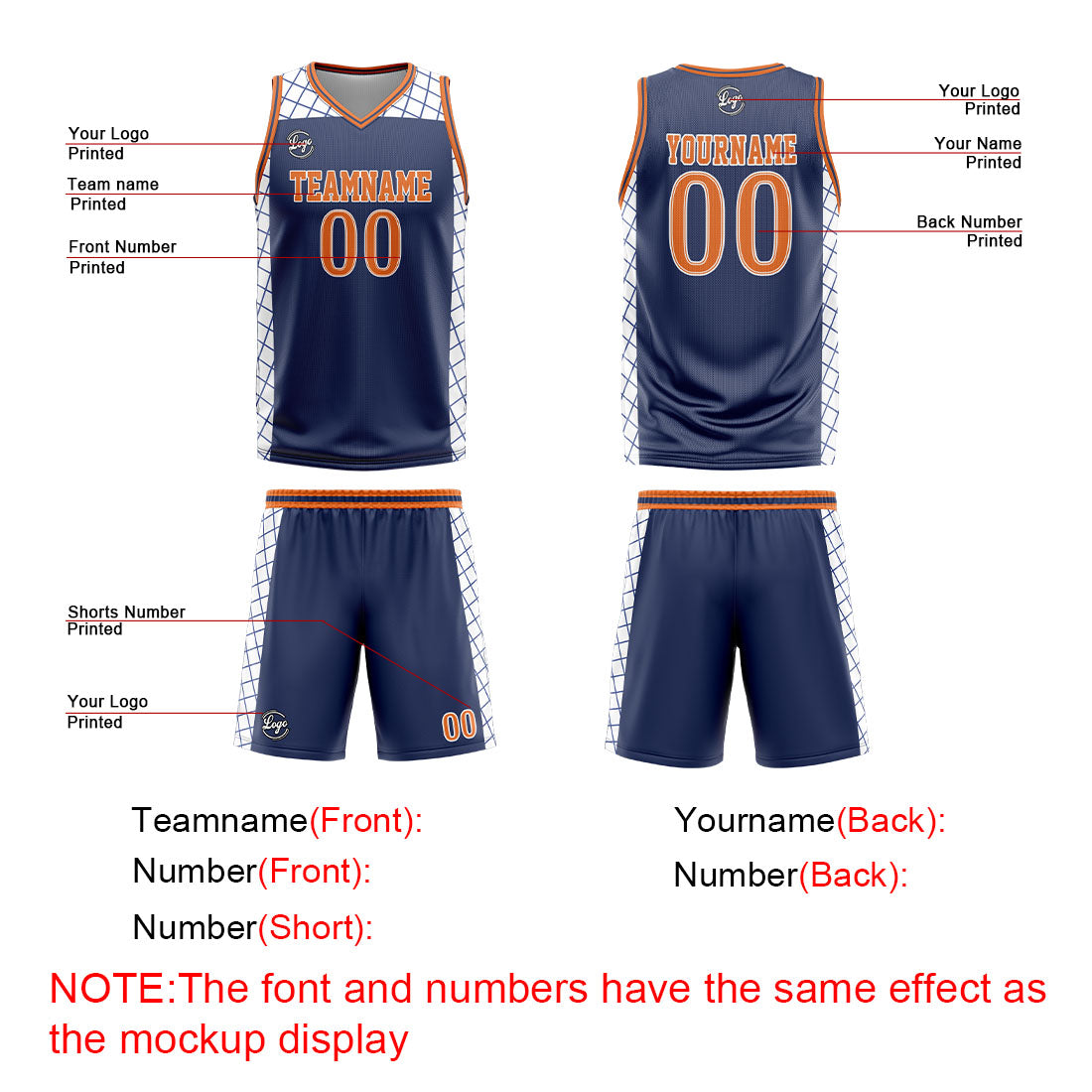 Uniforme de baloncesto personalizado azul marino y naranja con tu logotipo-nombre y número impresos