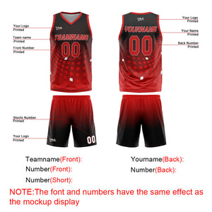 Uniforme de baloncesto personalizado en negro y rojo con tu logotipo-nombre y número impresos