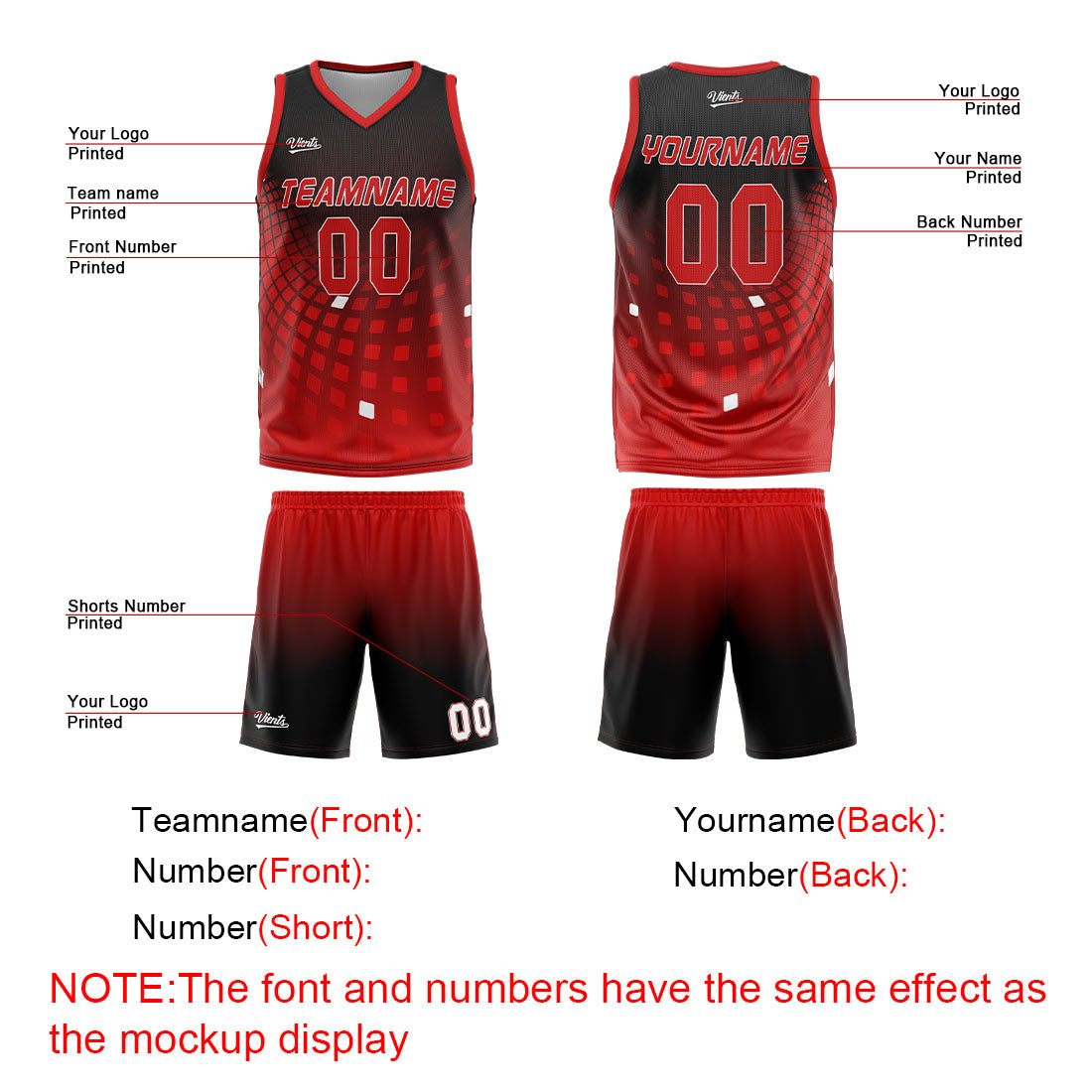 Uniforme de baloncesto personalizado en negro y rojo con tu logotipo-nombre y número impresos